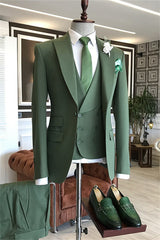Modern Dark Sage Peaked Lapel 3 Piece Prom Suit