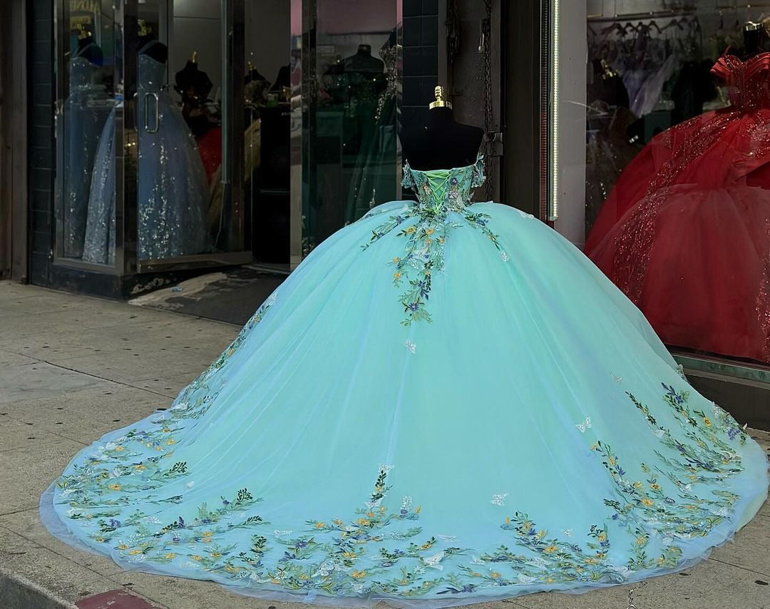 Modern & Luxury Ball Gown Off Shoulder 3D Butterfly Flowers Appliques Lake Blue Tulle Princess Quinceanera Dress Evening Party Gown For Sweet 16