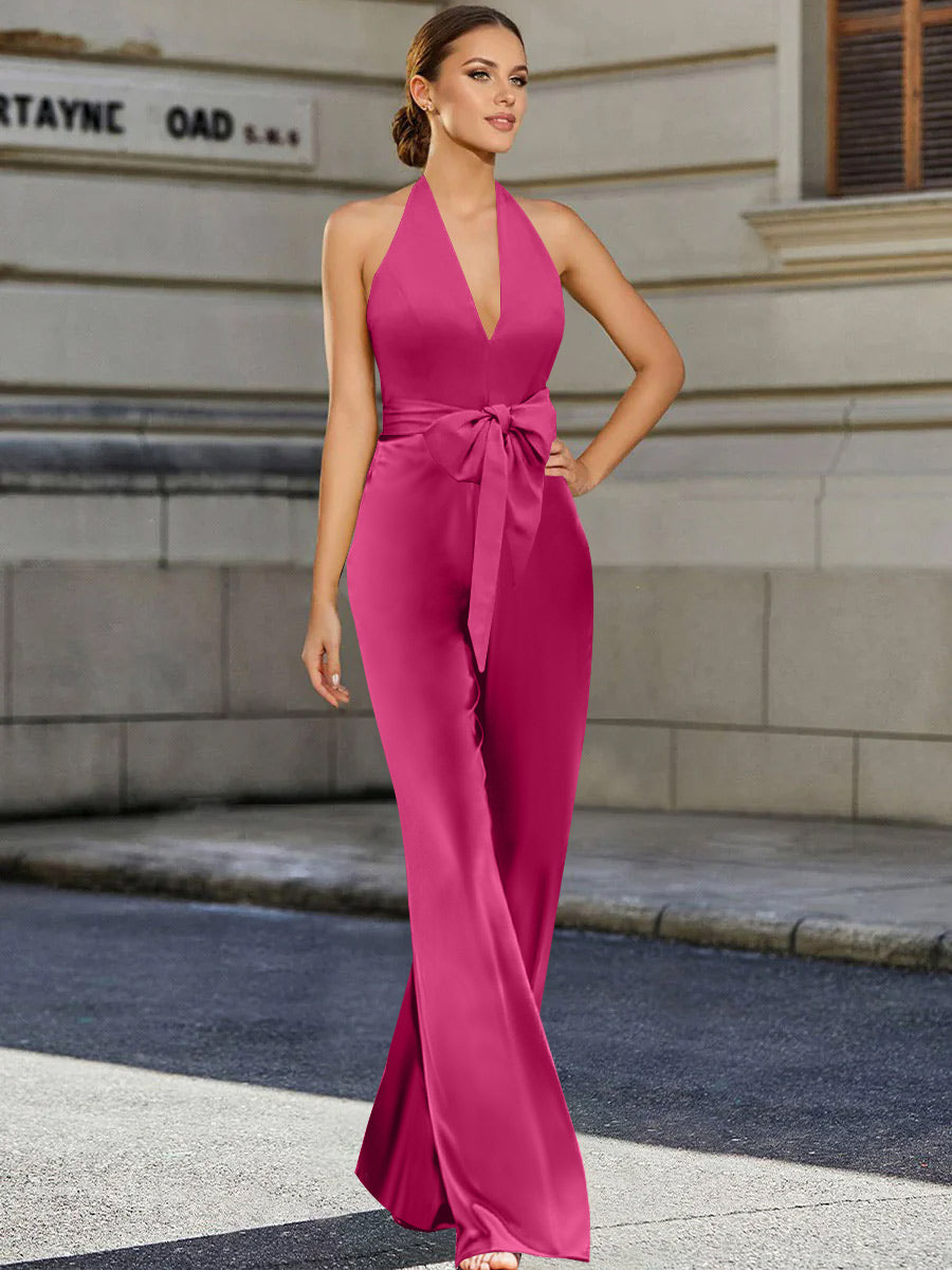 Mother of the Bride 2-Piece V-Neck Sleeveless Pantsuit with Bow Belt Floor Length
