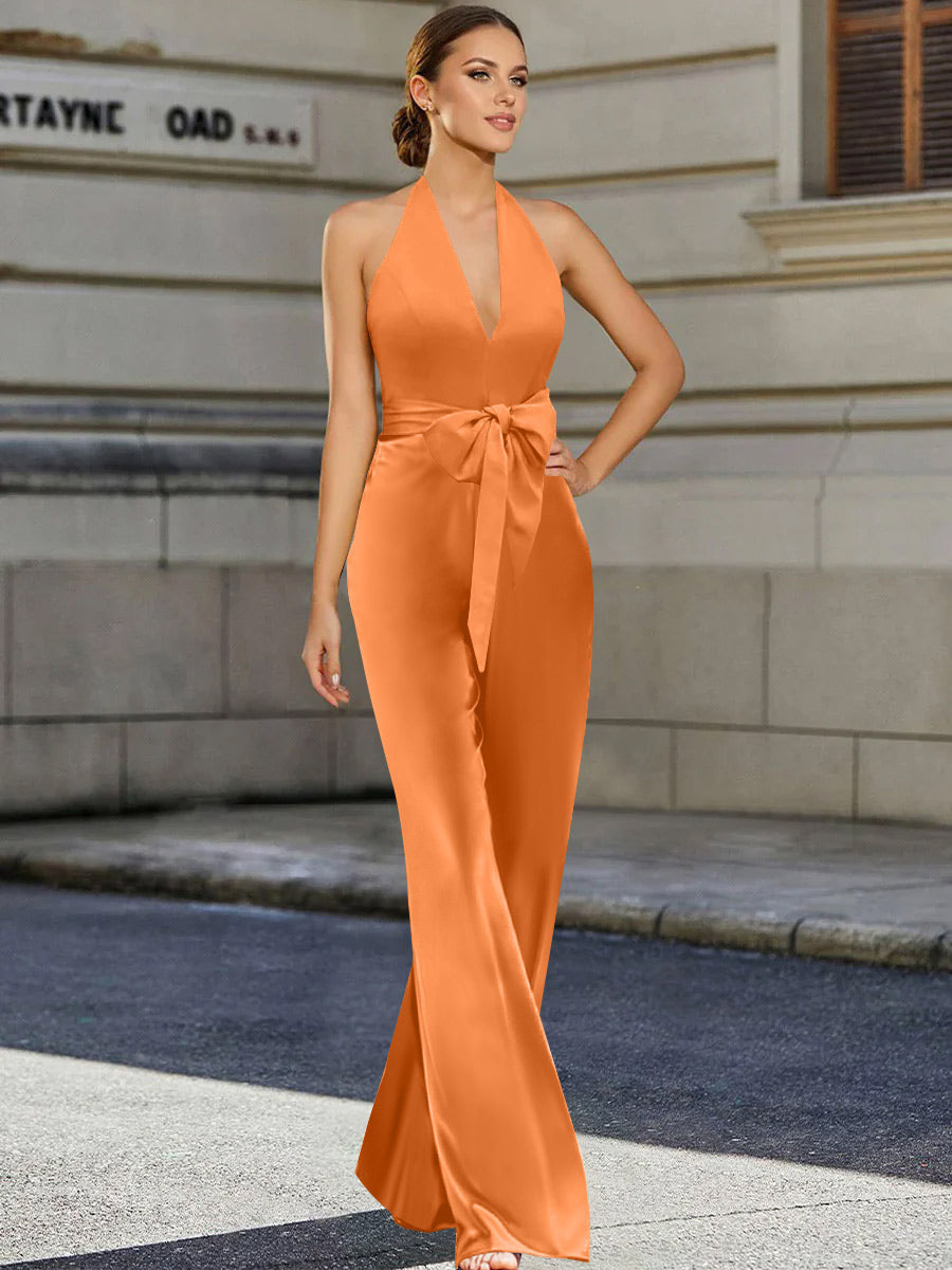 Mother of the Bride 2-Piece V-Neck Sleeveless Pantsuit with Bow Belt Floor Length