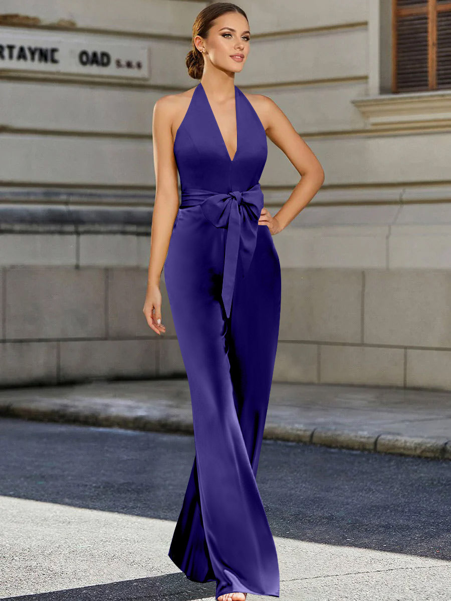 Mother of the Bride 2-Piece V-Neck Sleeveless Pantsuit with Bow Belt Floor Length