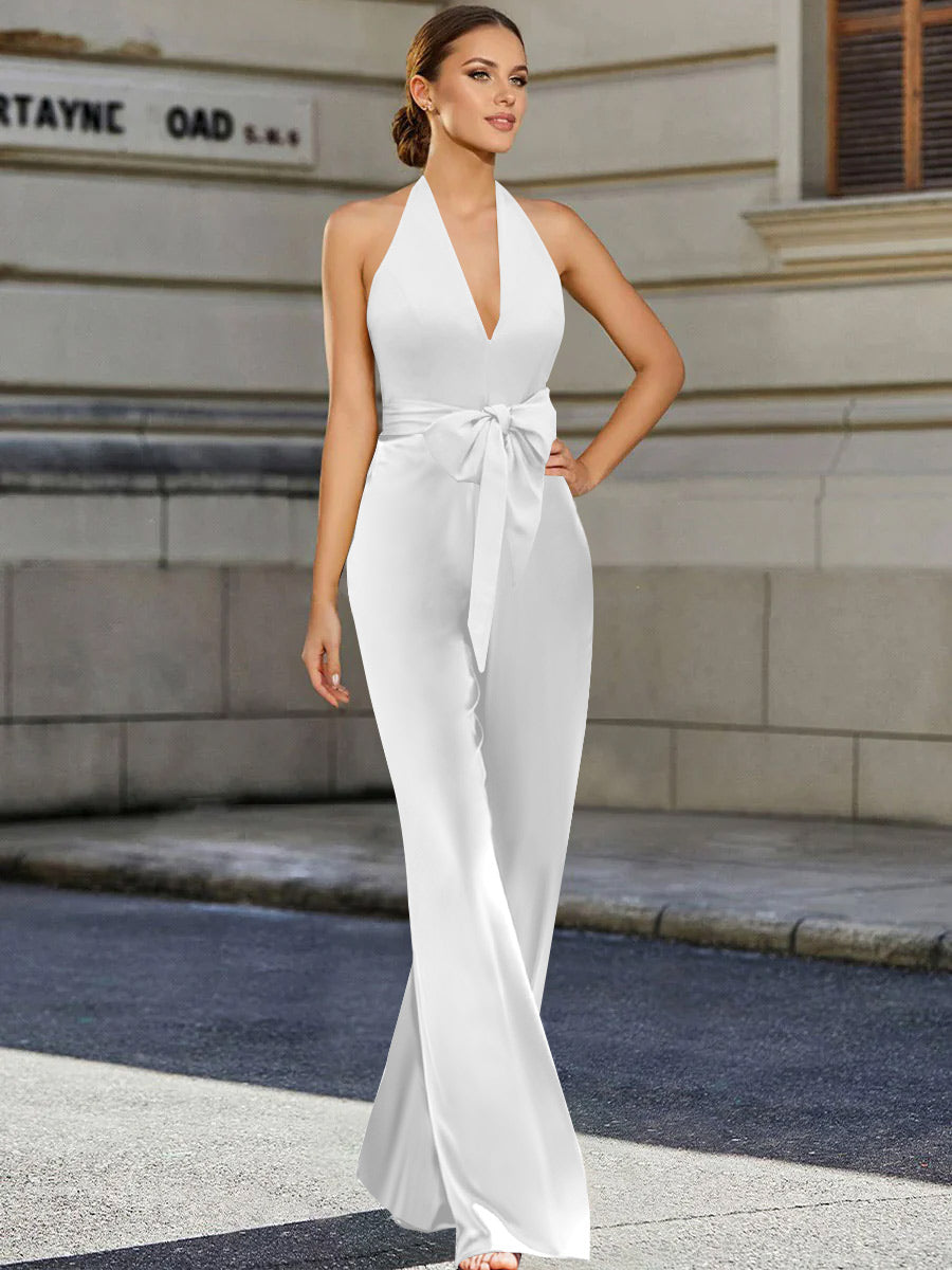 Mother of the Bride 2-Piece V-Neck Sleeveless Pantsuit with Bow Belt Floor Length