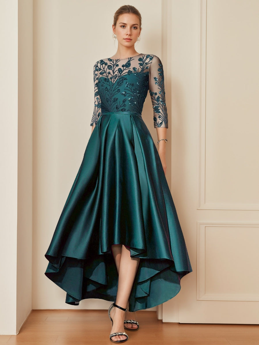 Mother of The Bride A-Line Princess Dress with Scoop Neck 3/4 Sleeves and Asymmetrical Appliques Mother of The Bride A-Line Princess Dress with Scoop Neck 3/4 Sleeves and Asymmetrical Appliques