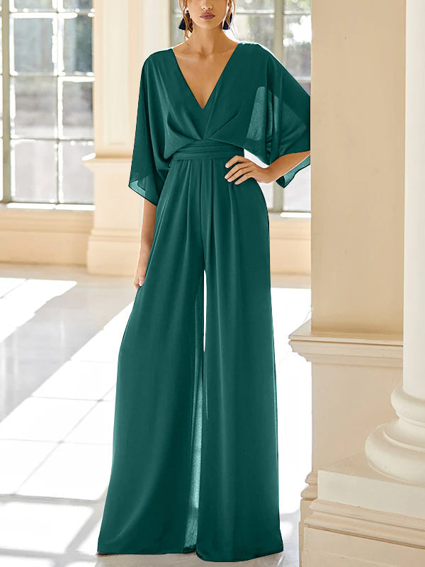 Mother of the Bride V-Neck Chiffon Pantsuit Featuring Pockets