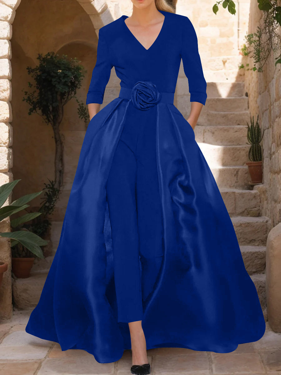 Mother of the Bride V-Neck Pantsuit with 3/4 Sleeves and Flower Belt
