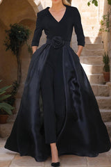Mother of the Bride V-Neck Pantsuit with 3/4 Sleeves and Flower Belt