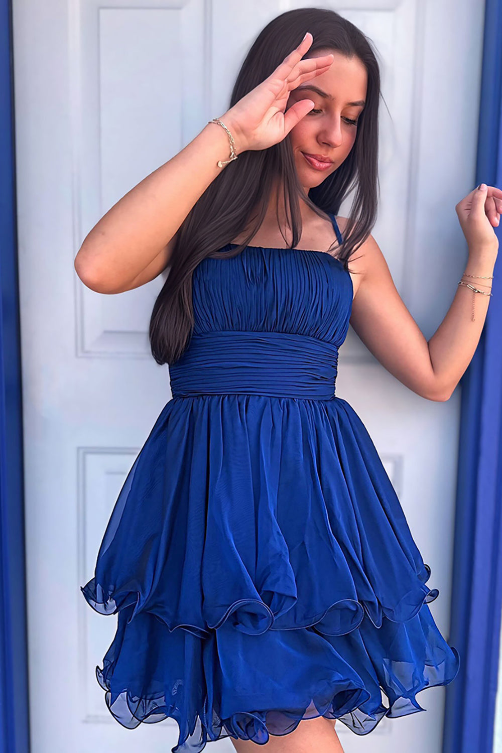 Navy A Line Homecoming Dresses Spaghetti Straps Short Cocktail Dresses With Ruffles
