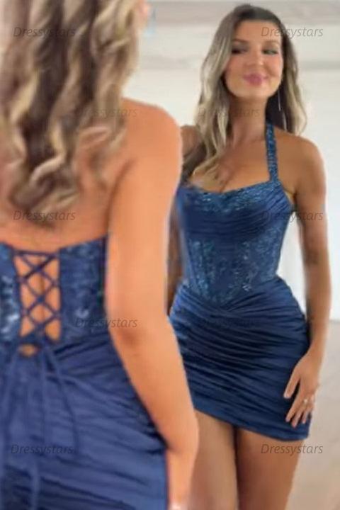 Navy Blue Glitter Halter Bodycon Homecoming Dress