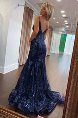 Dressystars Navy Blue Mermaid Spaghetti Strap Long Sequin Prom Dress Formal Evening Gown