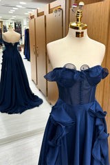 Navy Blue Prom Dress Corset Ruffle Maxi Evening Dress