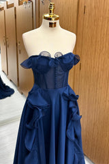 Navy Blue Prom Dress Corset Ruffle Maxi Evening Dress