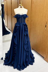 Navy Blue Prom Dress Corset Ruffle Maxi Evening Dress