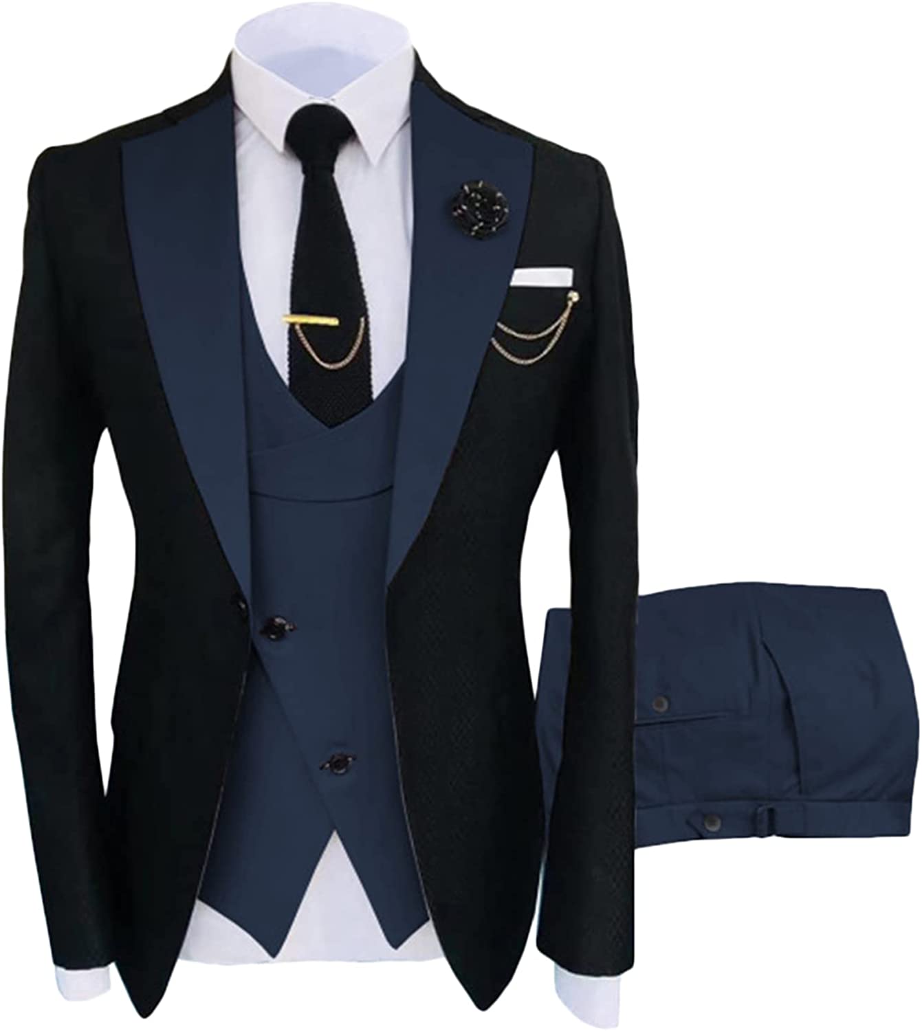 Navy Blue Shawl Lapel 3 Piece Formal Prom Suit