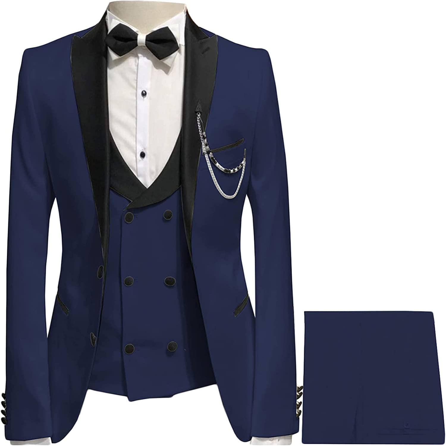 Navy Blue Three Piece Peaked Lapel Prom Suit
