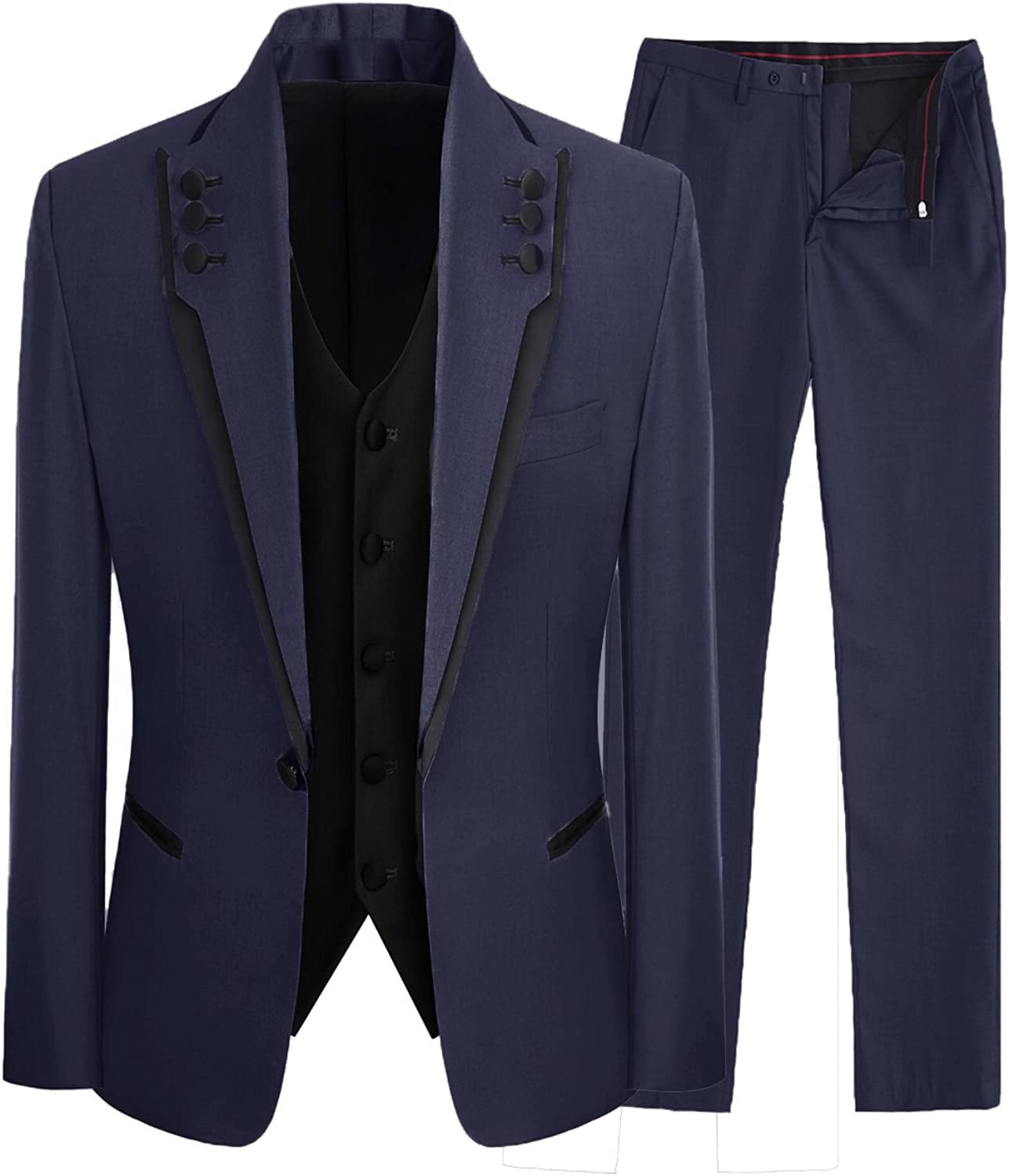 Navy Blue Three Piece Shawl Lapel Prom Suit