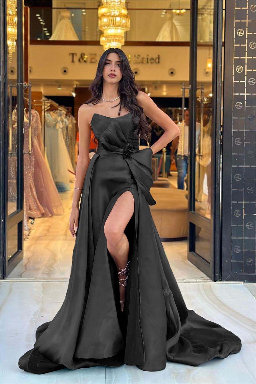 Navy Detachable Train Prom Dress Sleeveless Strapless Satin Formal Dress