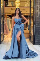 Navy Detachable Train Prom Dress Sleeveless Strapless Satin Formal Dress