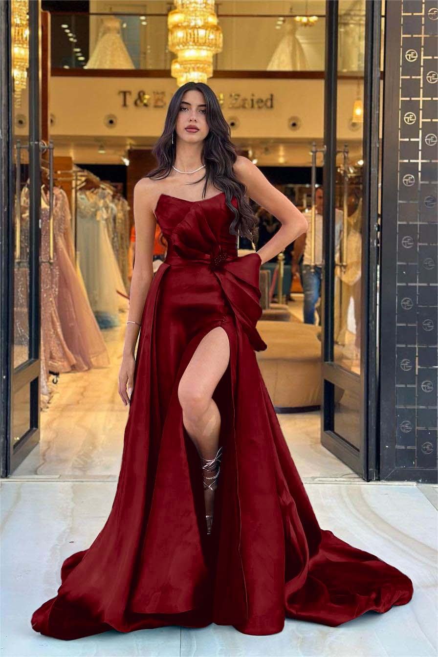 Navy Detachable Train Prom Dress Sleeveless Strapless Satin Formal Dress