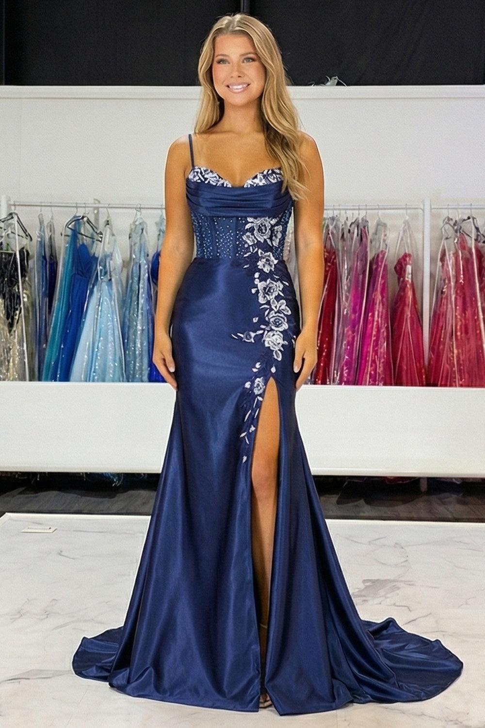 Navy Floral Satin Prom Dress Beaded Mermaid Corset Long Formal Dress With Slit