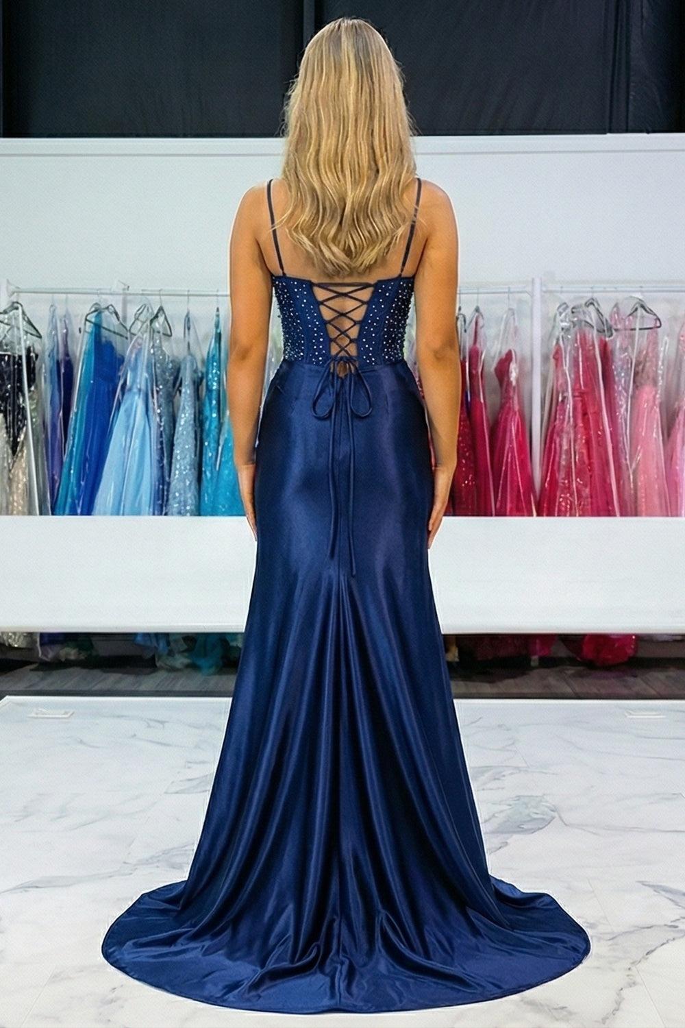 Navy Floral Satin Prom Dress Beaded Mermaid Corset Long Formal Dress With Slit