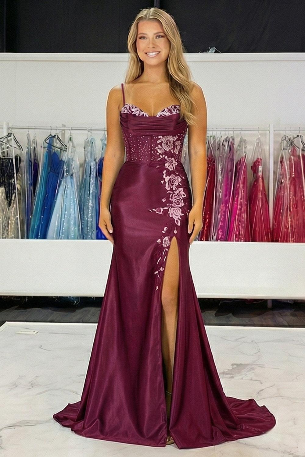 Navy Floral Satin Prom Dress Beaded Mermaid Corset Long Formal Dress With Slit