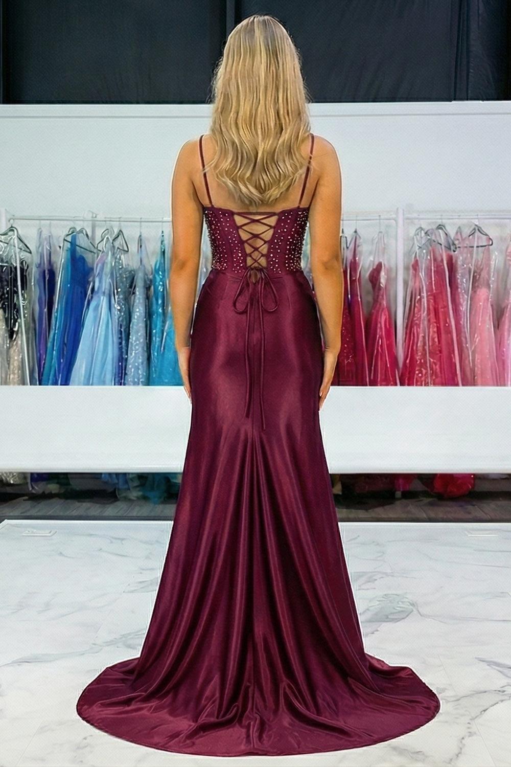 Navy Floral Satin Prom Dress Beaded Mermaid Corset Long Formal Dress With Slit
