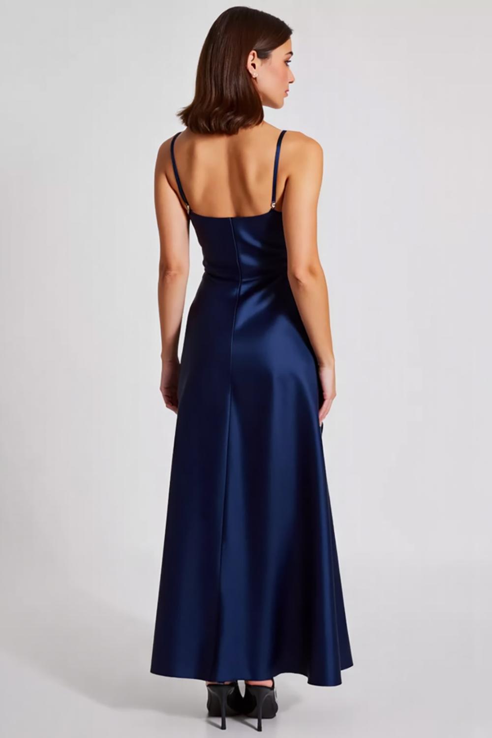 Navy Formal Dress Satin A Line Spaghetti Straps Long Wedding Guest Dress