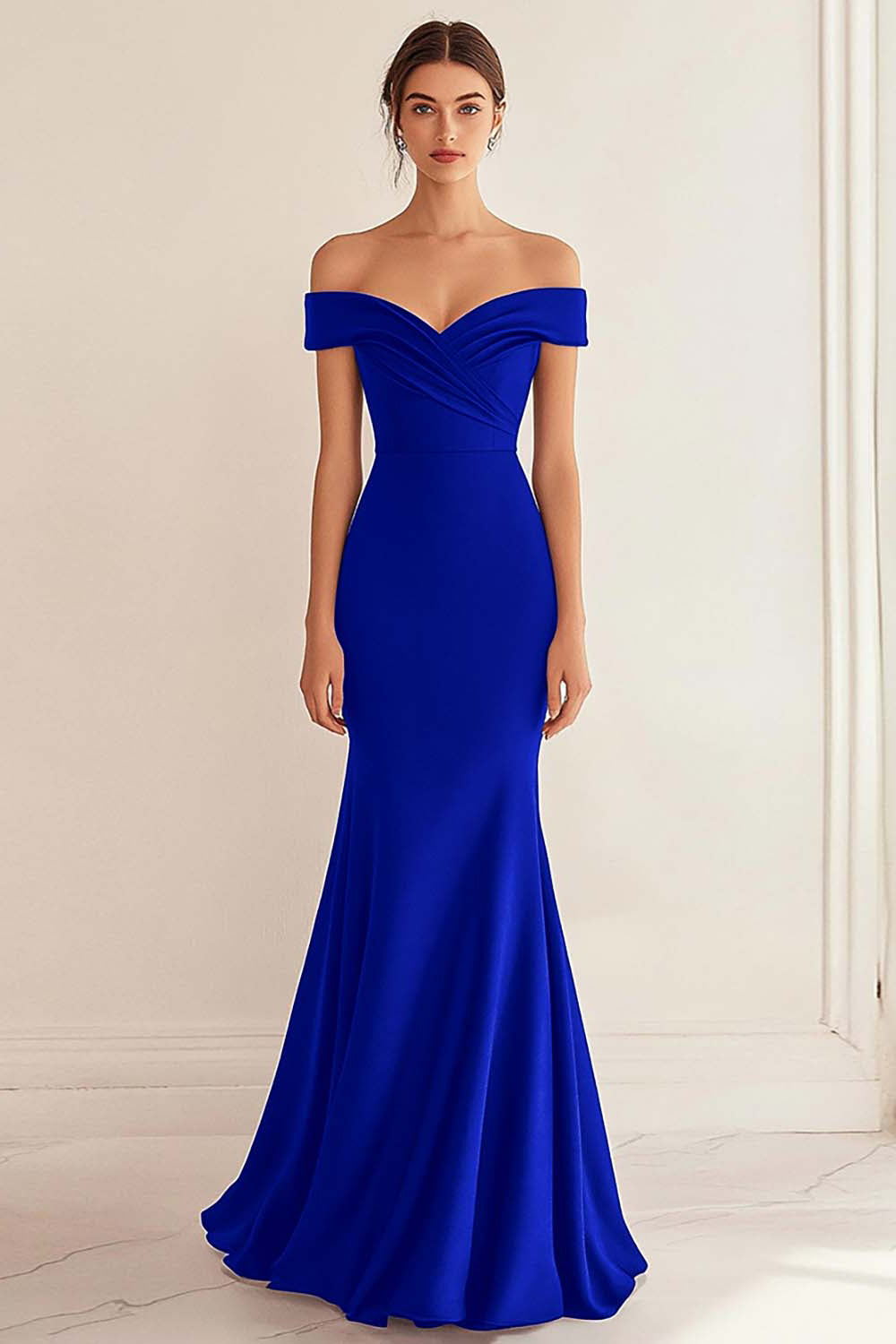 Navy Formal Dress Satin Long Off The Shoulder Mermaid Ruched Wedding Guest Dress