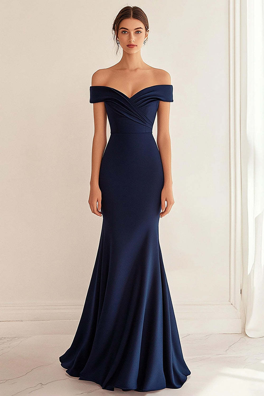 Navy Formal Dress Satin Long Off The Shoulder Mermaid Ruched Wedding Guest Dress
