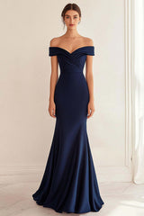 Navy Formal Dress Satin Long Off The Shoulder Mermaid Ruched Wedding Guest Dress