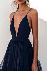 Navy Formal Dress Tulle Spaghetti Straps Tiered A Line Long Wedding Guest Dress