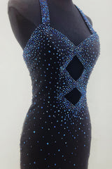 Navy Homecoming Dresses Beaded Halter Tight Short Cocktail Dresses