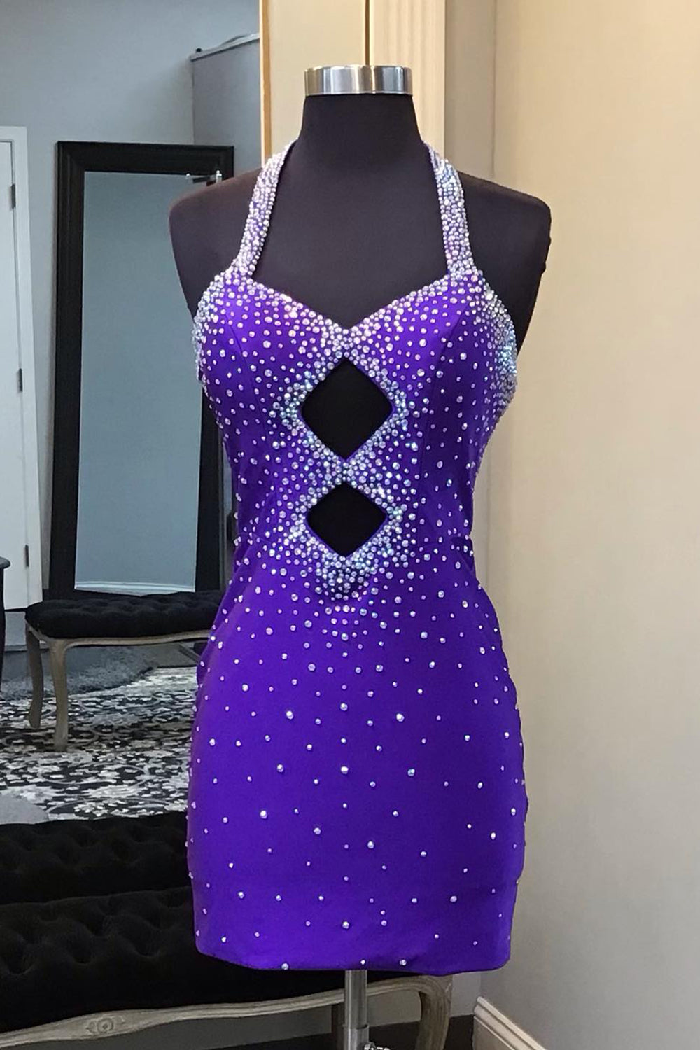 Navy Homecoming Dresses Beaded Halter Tight Short Cocktail Dresses