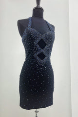 Navy Homecoming Dresses Beaded Halter Tight Short Cocktail Dresses