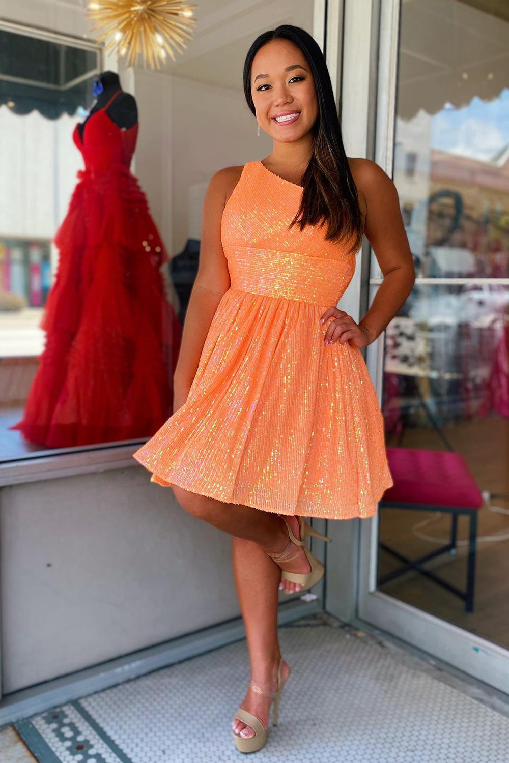 Navy Homecoming Dresses Sequin One Shoulder A-Line Short Cocktail Dresses