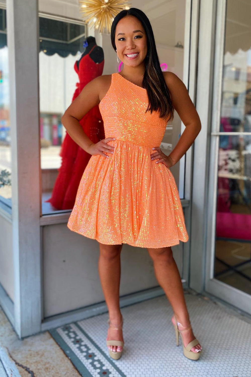 Navy Homecoming Dresses Sequin One Shoulder A-Line Short Cocktail Dresses