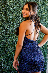 Navy Homecoming Dresses Sequined Backless Tight Short Cocktail Dresses