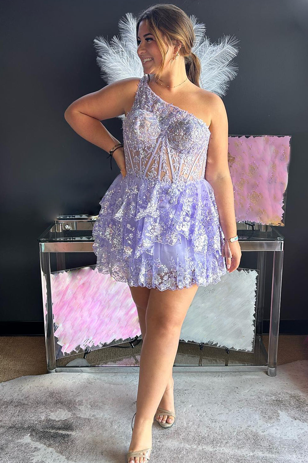 Navy Homecoming Dresses Tiered Lace One Shoulder A-Line Short Cocktail Dresses