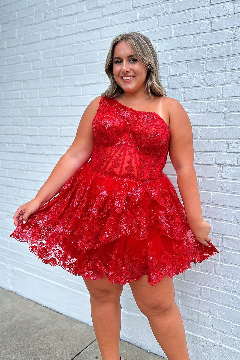 Navy Homecoming Dresses Tiered Lace One Shoulder Short Cocktail Dresses