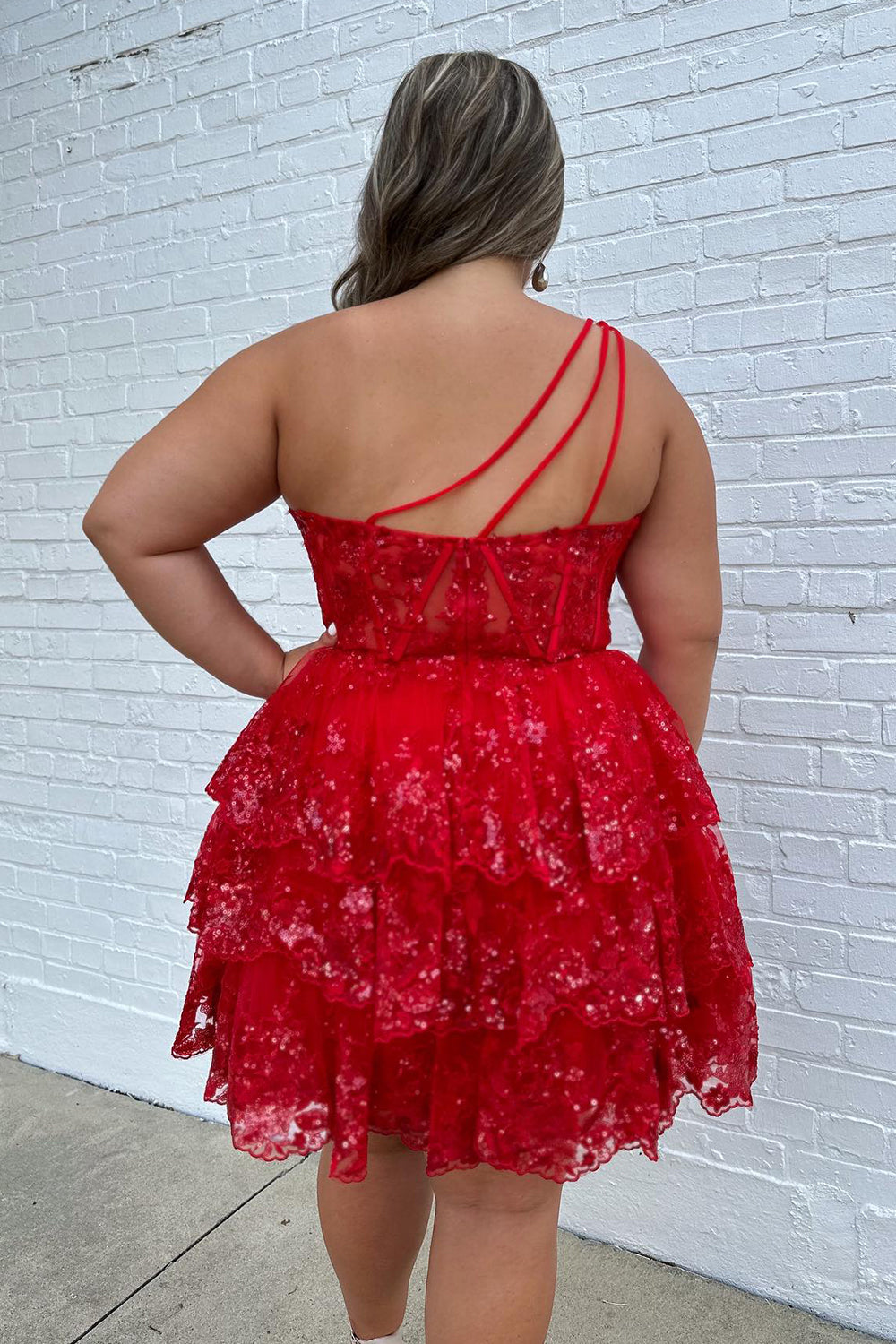 Navy Homecoming Dresses Tiered Lace One Shoulder Short Cocktail Dresses