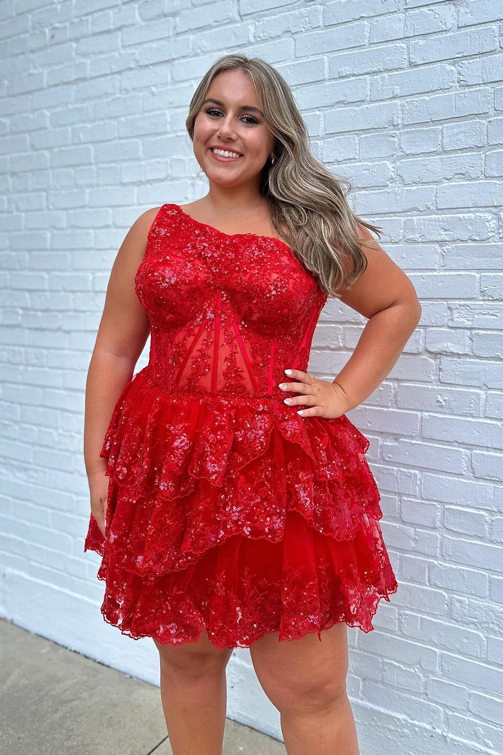 Navy Homecoming Dresses Tiered Lace One Shoulder Short Cocktail Dresses
