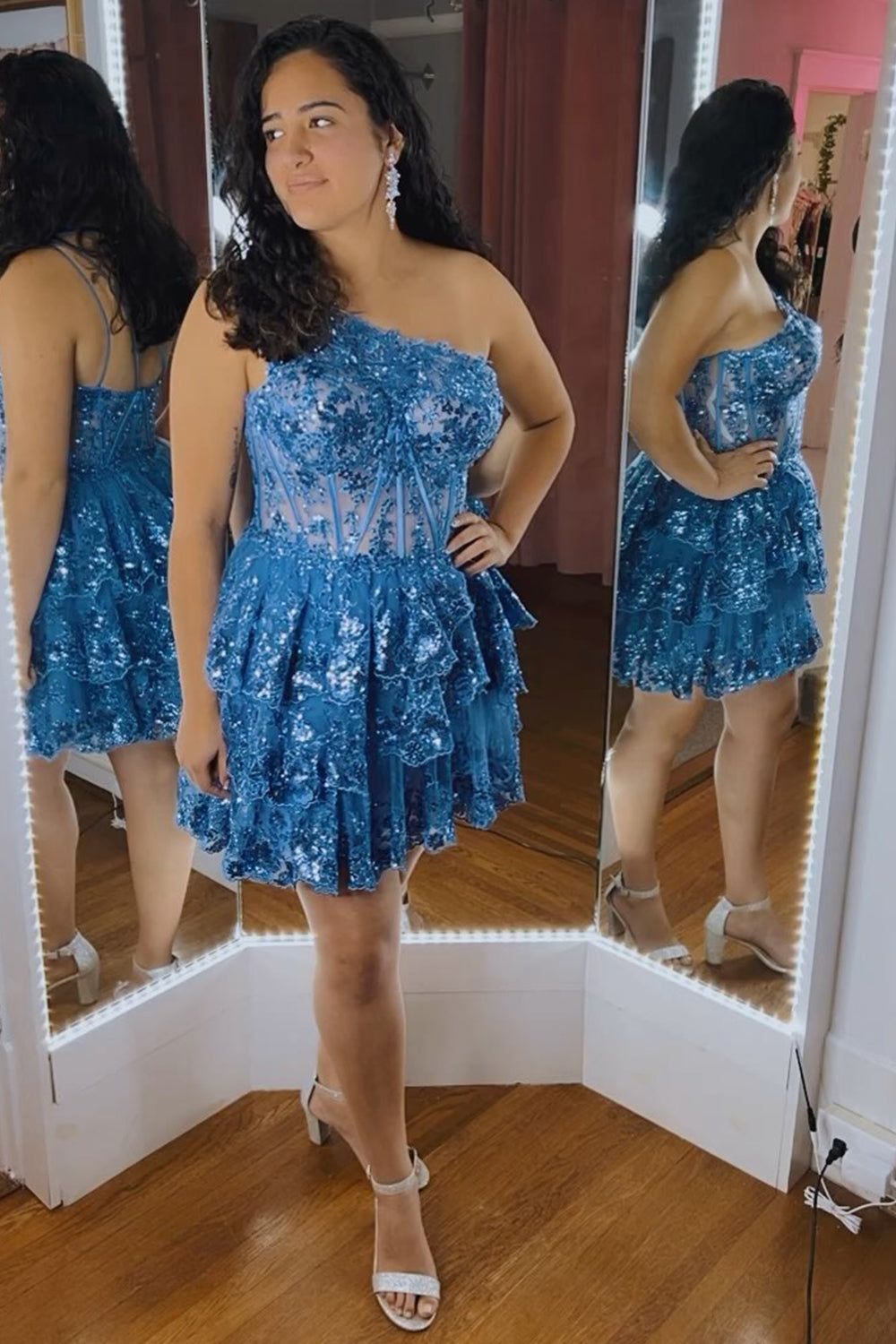 Navy Homecoming Dresses Tiered Lace One Shoulder Short Cocktail Dresses