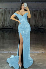 Navy Mermaid Prom Dress Cap Sleeve Off the Shoulder Formal Dress With Beadings and Rhinestones