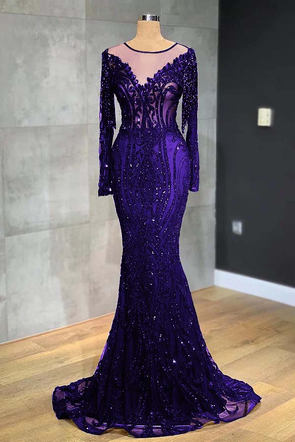Navy Mermaid Prom Dress Long Sleeve Crew Neck Formal Dress With Lace Appliques