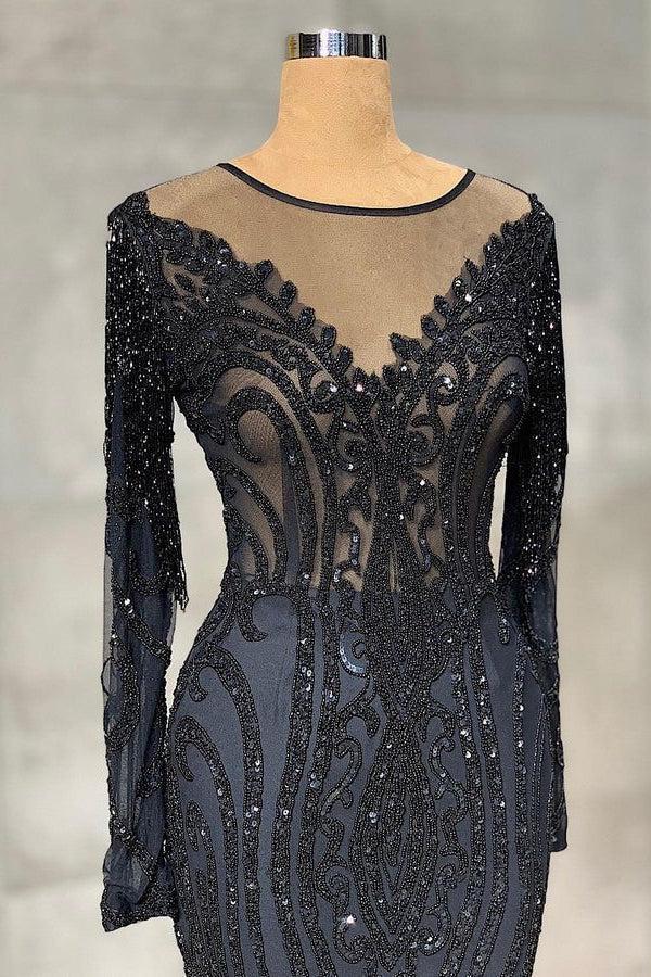 Navy Mermaid Prom Dress Long Sleeve Crew Neck Formal Dress With Lace Appliques