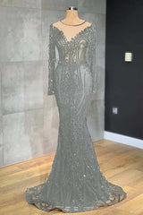 Navy Mermaid Prom Dress Long Sleeve Crew Neck Formal Dress With Lace Appliques