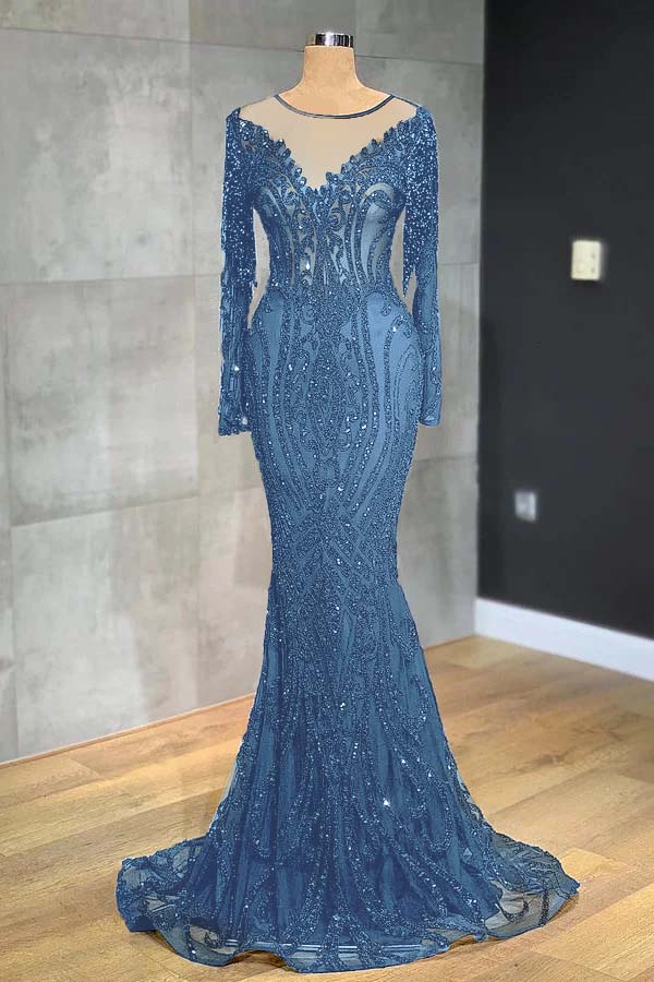 Navy Mermaid Prom Dress Long Sleeve Crew Neck Formal Dress With Lace Appliques