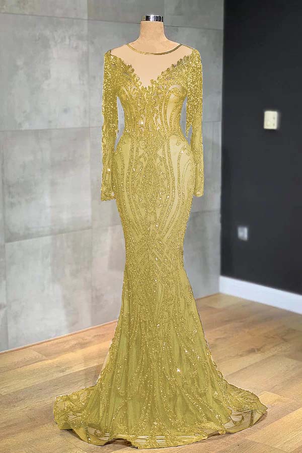 Navy Mermaid Prom Dress Long Sleeve Crew Neck Formal Dress With Lace Appliques