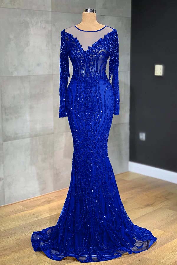 Navy Mermaid Prom Dress Long Sleeve Crew Neck Formal Dress With Lace Appliques