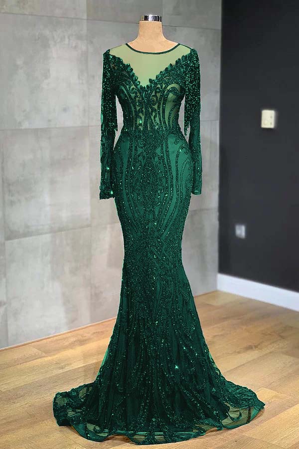 Navy Mermaid Prom Dress Long Sleeve Crew Neck Formal Dress With Lace Appliques